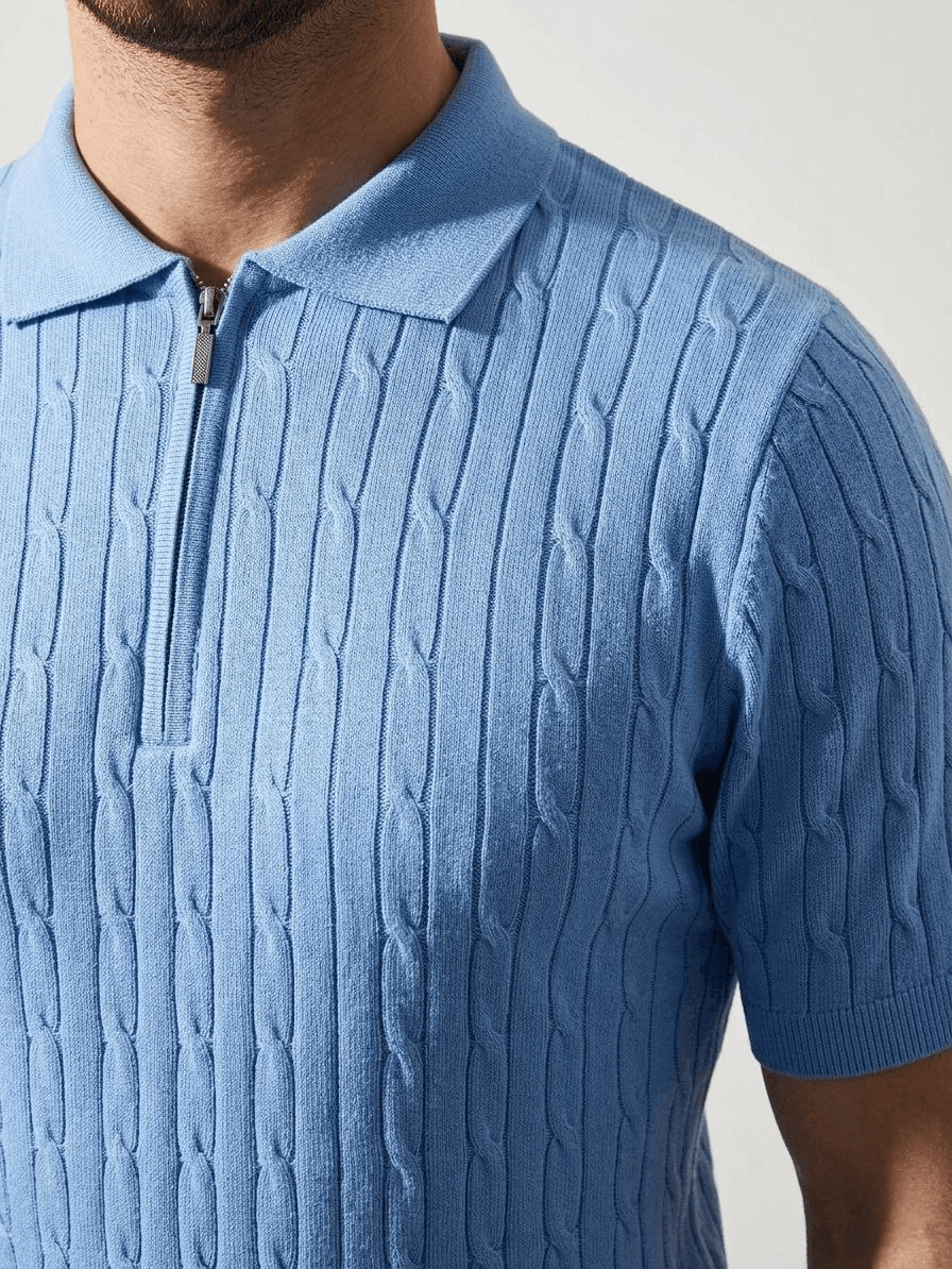 Erkek Yazlık Triko Saç Örgü Tişört Kısa Kol Polo Yaka Fermuarlı T-Shirt - Bebe Mavisi — görsel 1 / 5