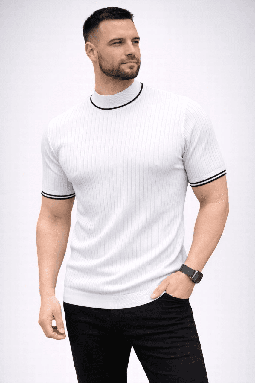 Erkek Fitilli Triko Dokuma Kısa Kol Tişört Yarım Boğaz Modern Yazlık T-Shirt - Beyaz — görsel 1 / 5