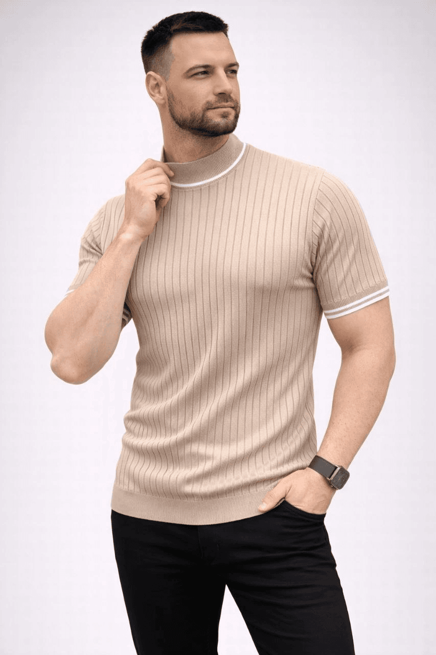 Erkek Fitilli Triko Dokuma Kısa Kol Tişört Yarım Boğaz Modern Yazlık T-Shirt - Bej — görsel 1 / 5