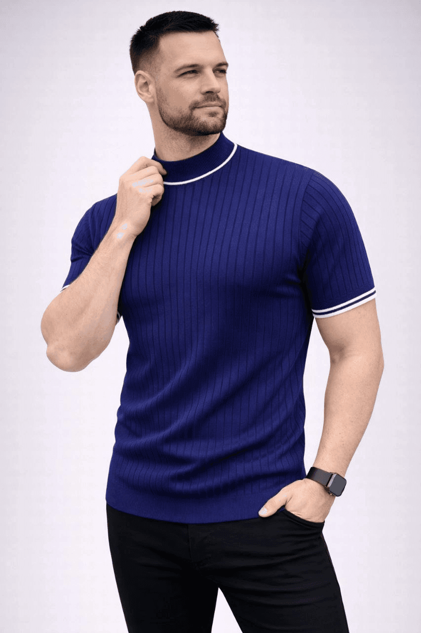 Erkek Fitilli Triko Dokuma Kısa Kol Tişört Yarım Boğaz Modern Yazlık T-Shirt - Lacivert — görsel 1 / 5