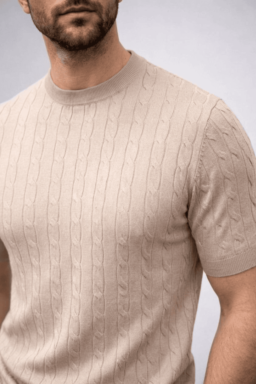 Erkek Yazlık Triko Dokuma Tişört Kısa Kol Bisiklet Yaka Örgü Desenli T-Shirt - Bej