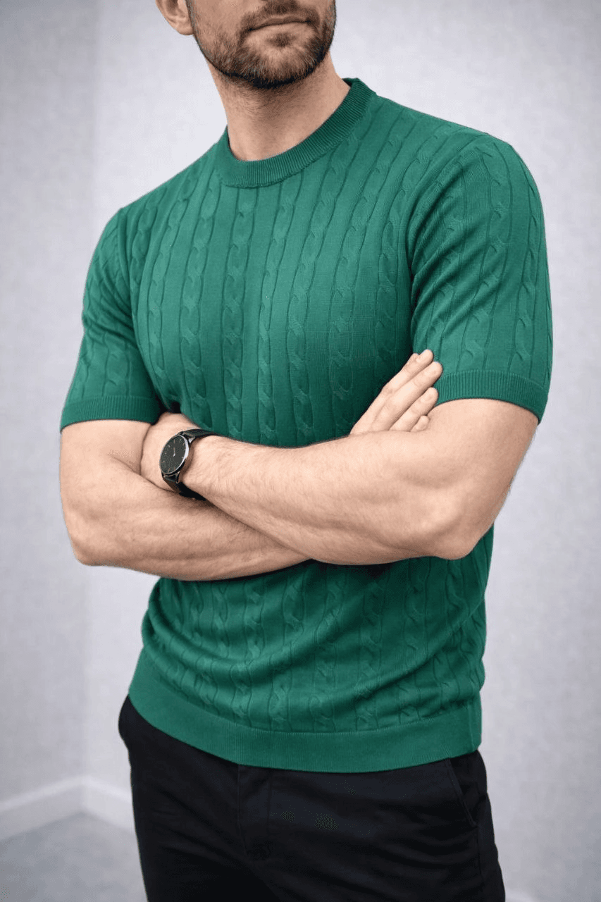 Erkek Yazlık Triko Dokuma Tişört Kısa Kol Bisiklet Yaka Örgü Desenli T-Shirt - Haki — görsel 1 / 4