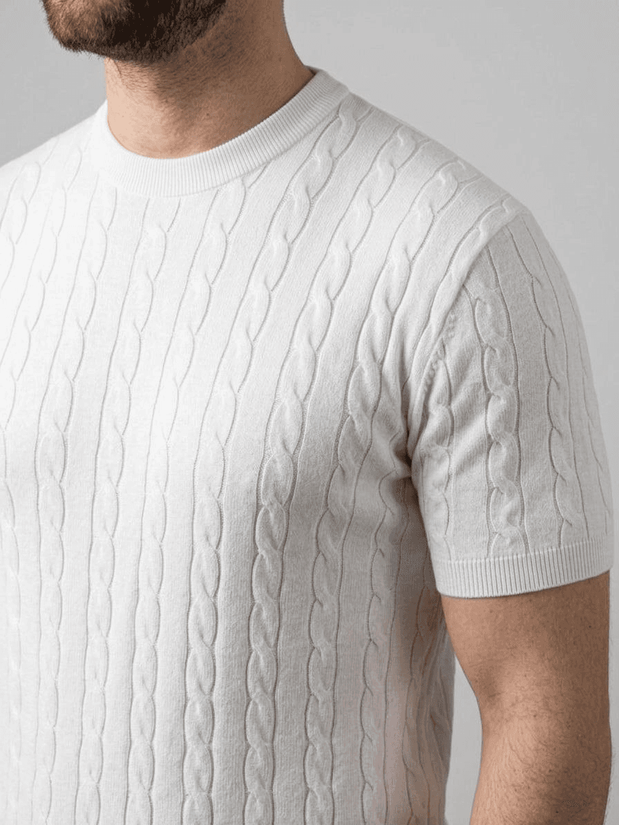 Erkek Yazlık Triko Dokuma Tişört Kısa Kol Bisiklet Yaka Örgü Desenli T-Shirt - Beyaz — görsel 1 / 6