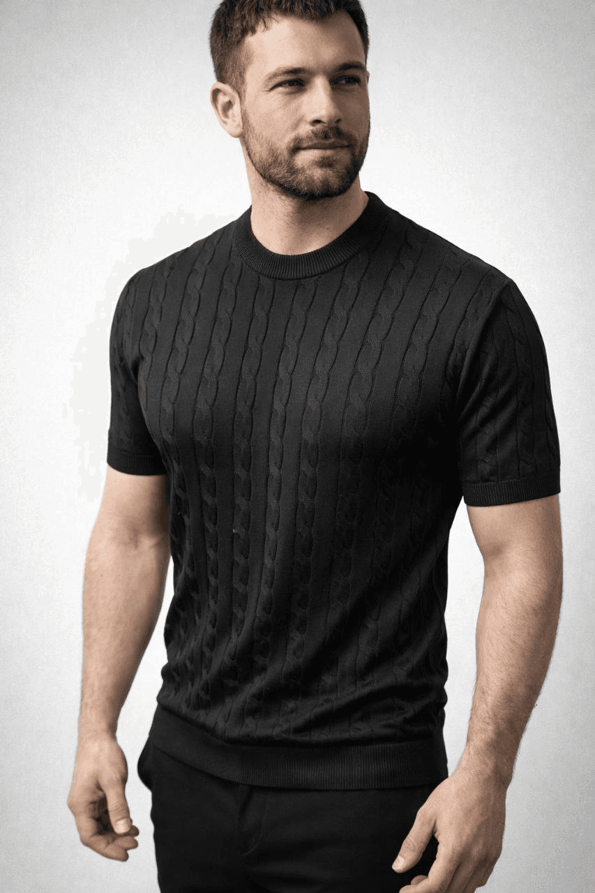 Erkek Yazlık Triko Dokuma Tişört Kısa Kol Bisiklet Yaka Örgü Desenli T-Shirt - Siyah — görsel 1 / 6