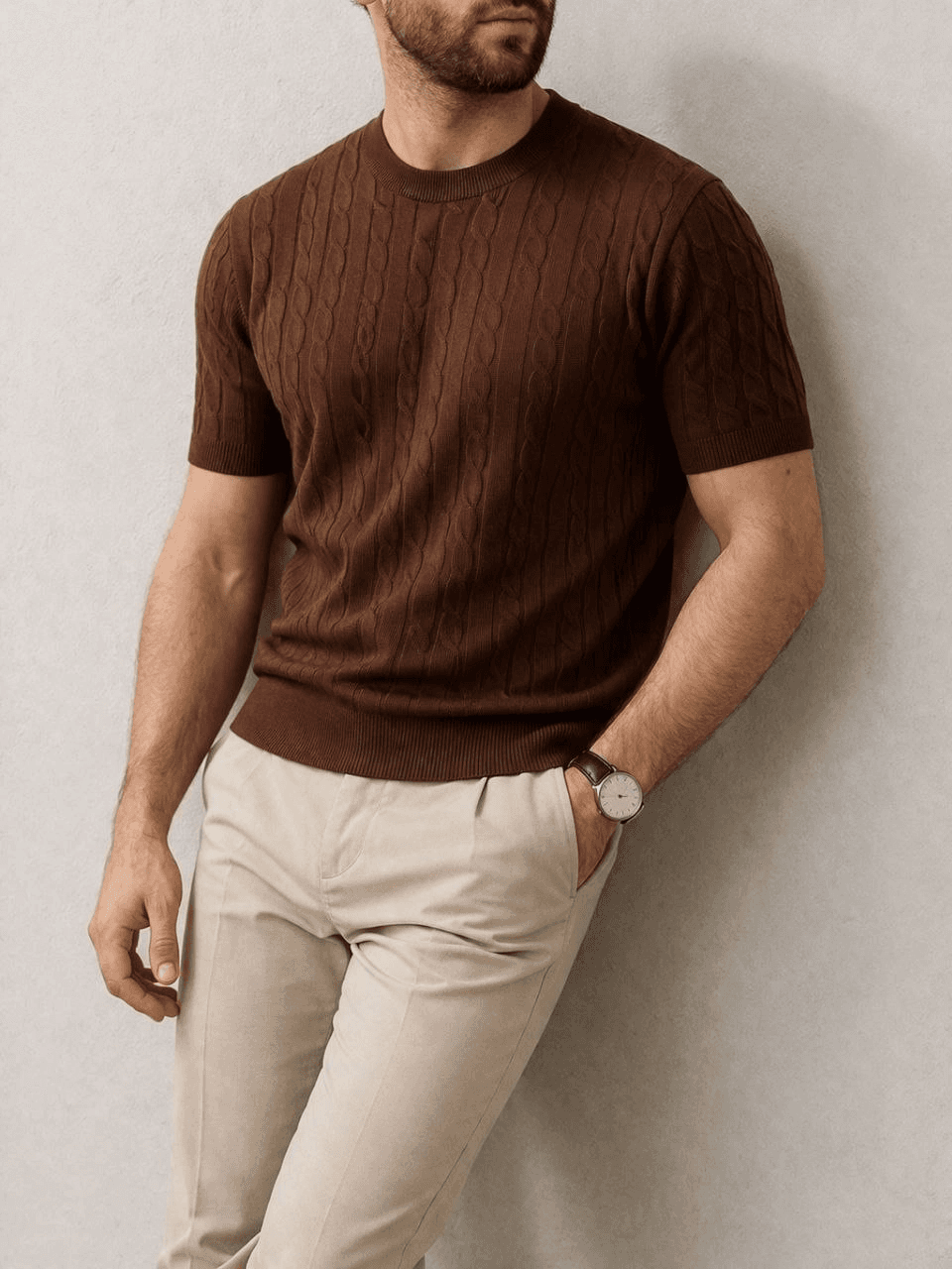 Erkek Yazlık Triko Dokuma Tişört Kısa Kol Bisiklet Yaka Örgü Desenli T-Shirt - Kahverengi — görsel 1 / 5