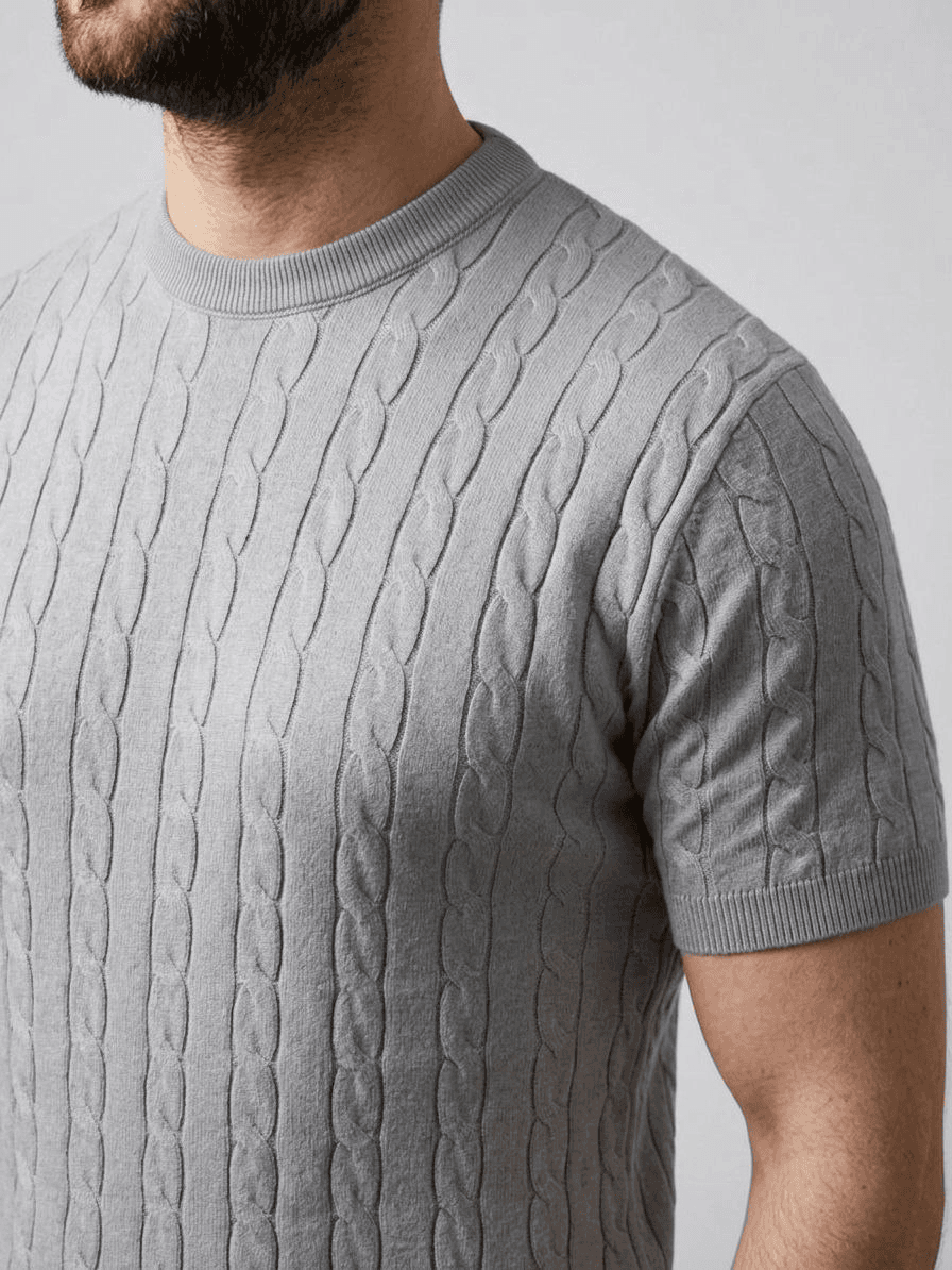 Erkek Yazlık Triko Dokuma Tişört Kısa Kol Bisiklet Yaka Örgü Desenli T-Shirt - Gri — görsel 1 / 5