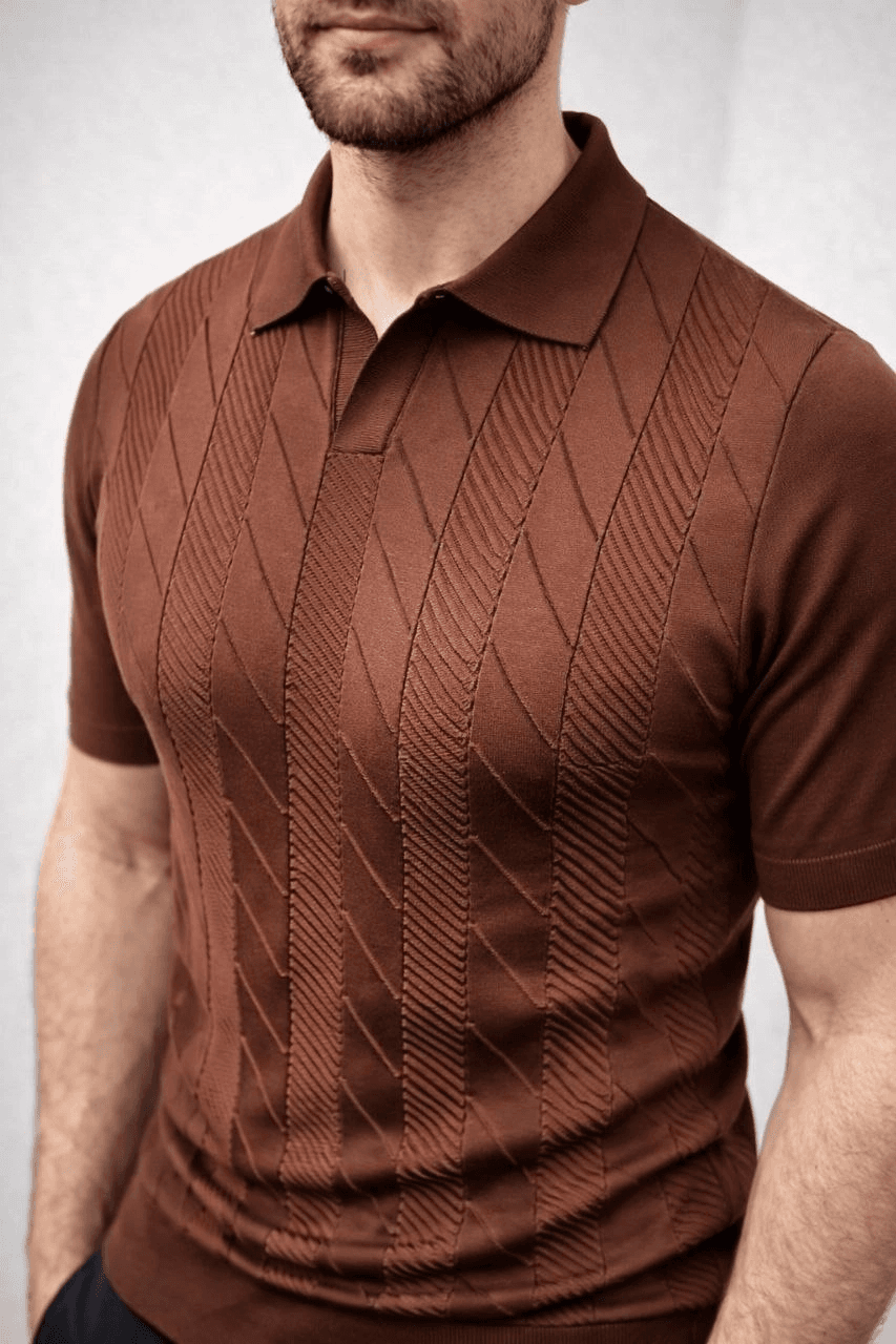 Erkek Yazlık Triko Dokuma Tişört Kısa Kol Polo Yaka T-Shirt - Kahverengi — görsel 1 / 5