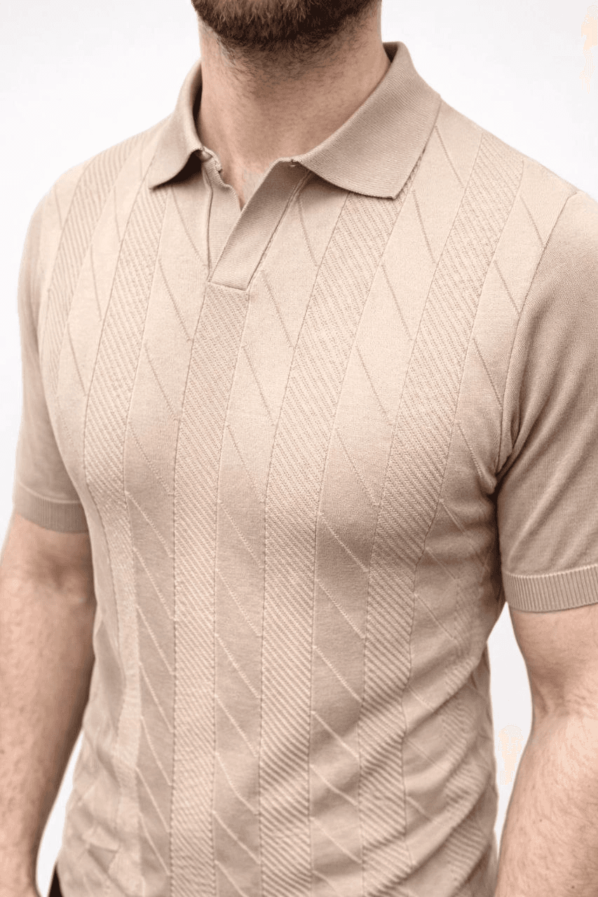 Erkek Yazlık Triko Dokuma Tişört Kısa Kol Polo Yaka T-Shirt - Bej — görsel 1 / 4
