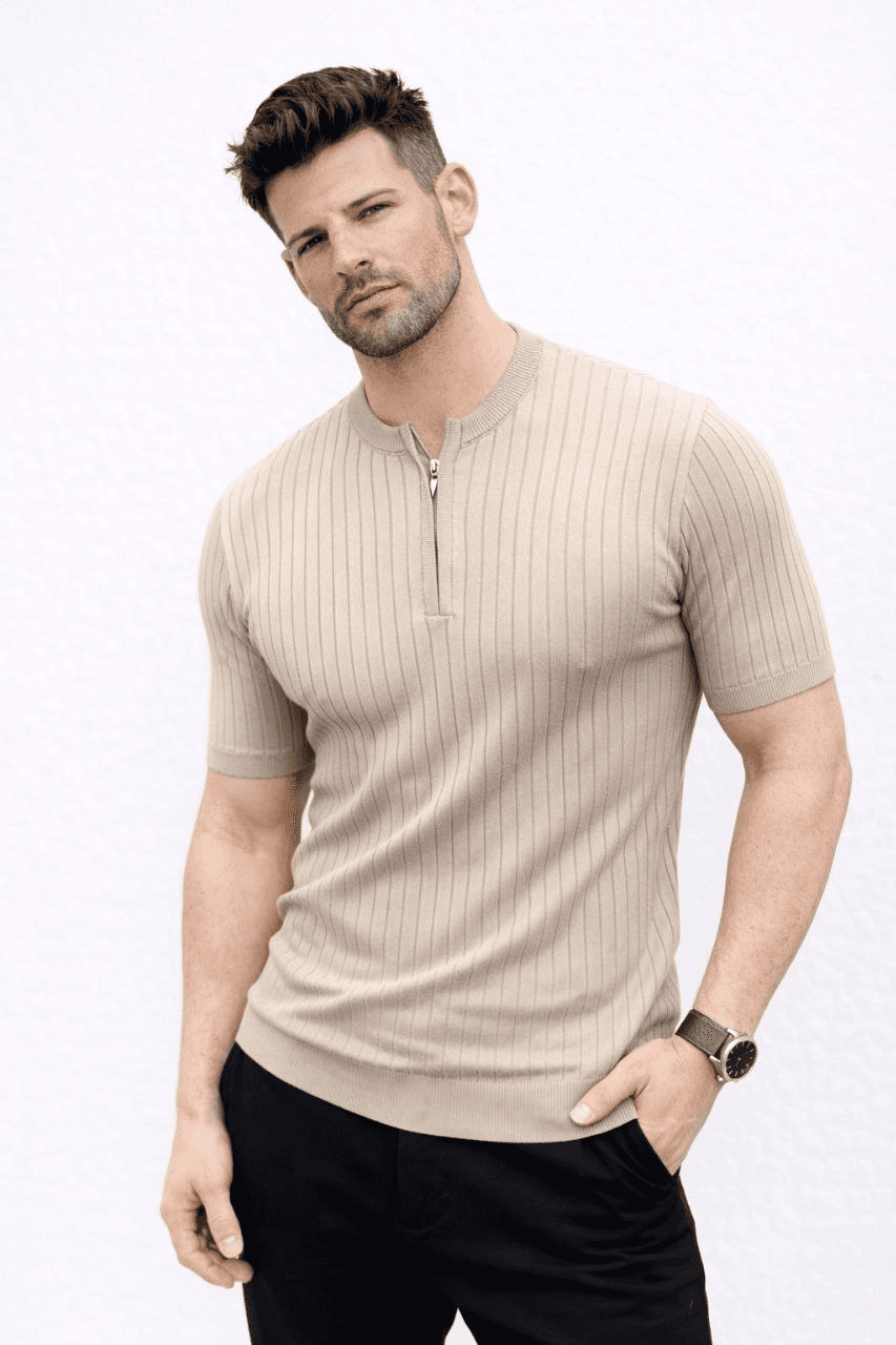 Erkek Kısa Kol Fitilli Triko T-Shirt Yazlık Hakim Yaka Tişört - Bej