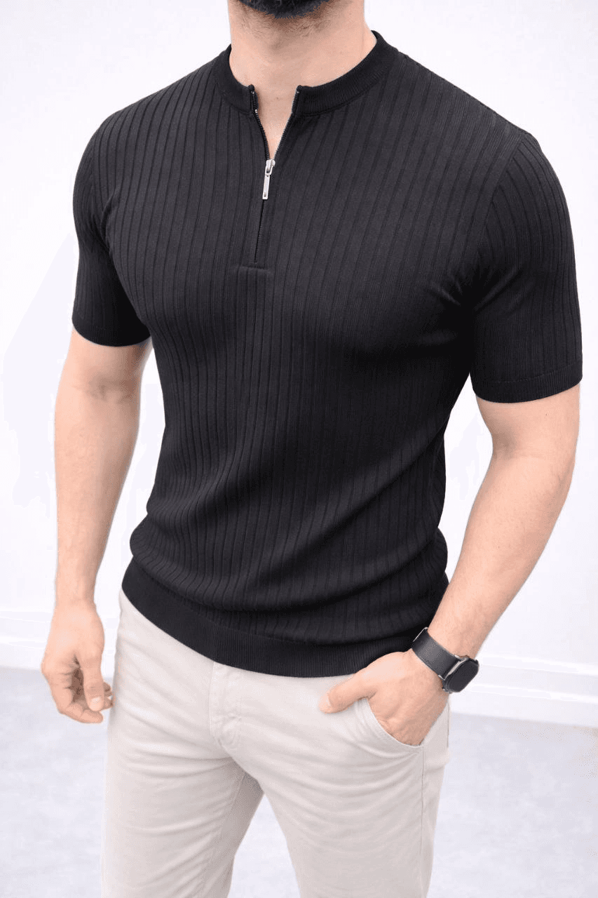 Erkek Kısa Kol Fitilli Triko T-Shirt Yazlık Hakim Yaka Tişört - Siyah — görsel 1 / 5