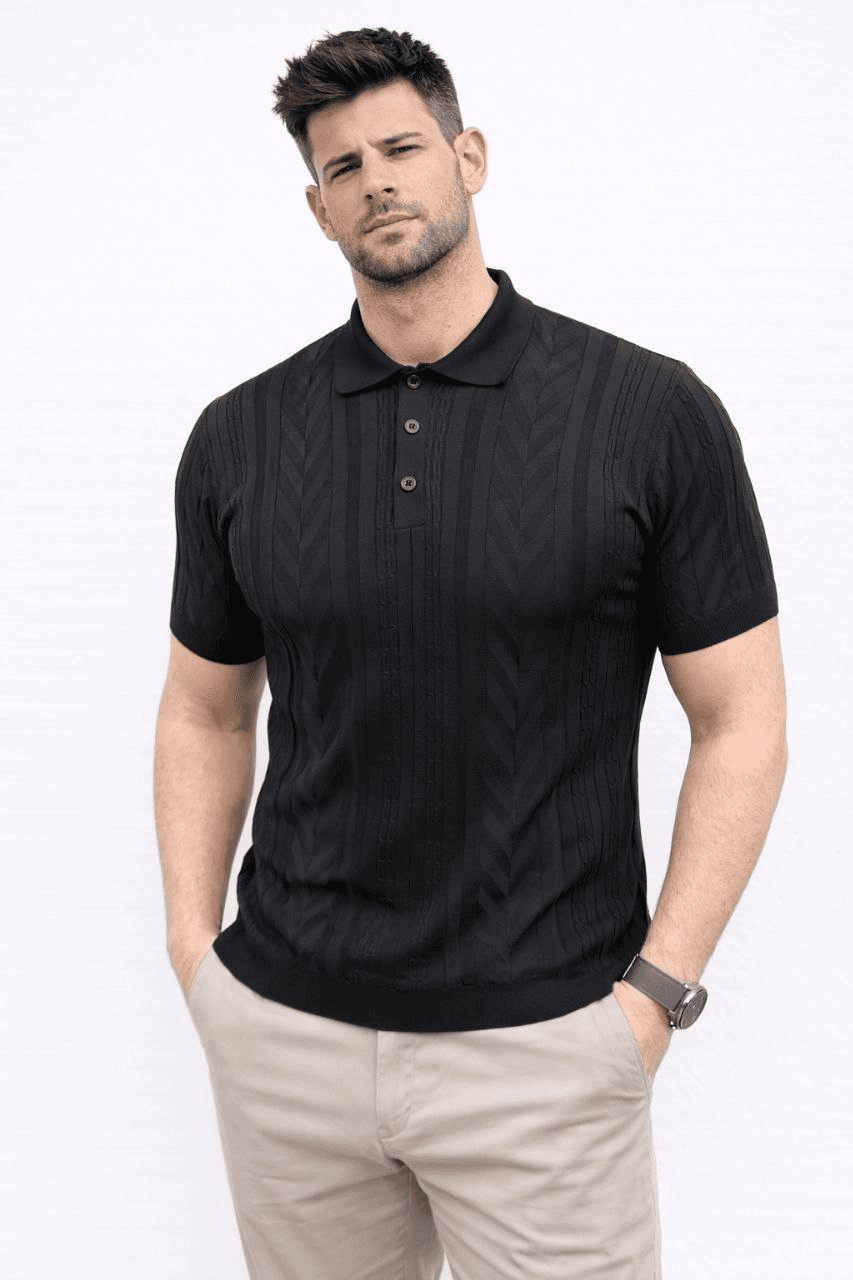 Erkek Yazlık Triko Tişört Kısa Kol Polo Yaka Düğmeli T-Shirt - Siyah — görsel 1 / 5
