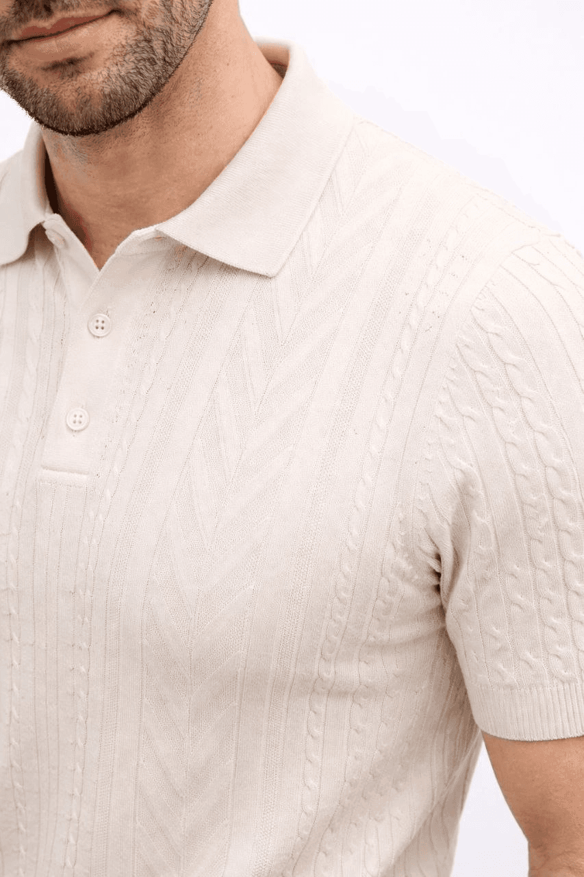 Erkek Yazlık Triko Tişört Kısa Kol Polo Yaka Düğmeli T-Shirt - Krem