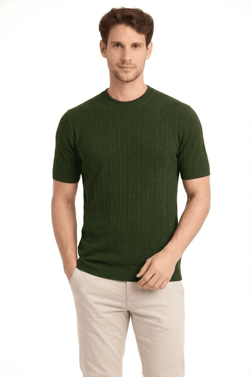 Erkek Yazlık Fitilli Triko Tişört Kısa Kol Bisiklet Yaka T-Shirt - Haki
