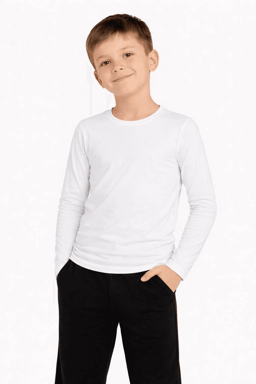 Erkek Çocuk Basic Uzun Kollu Tişört Okul Günlük Rahat T-Shirt - Beyaz