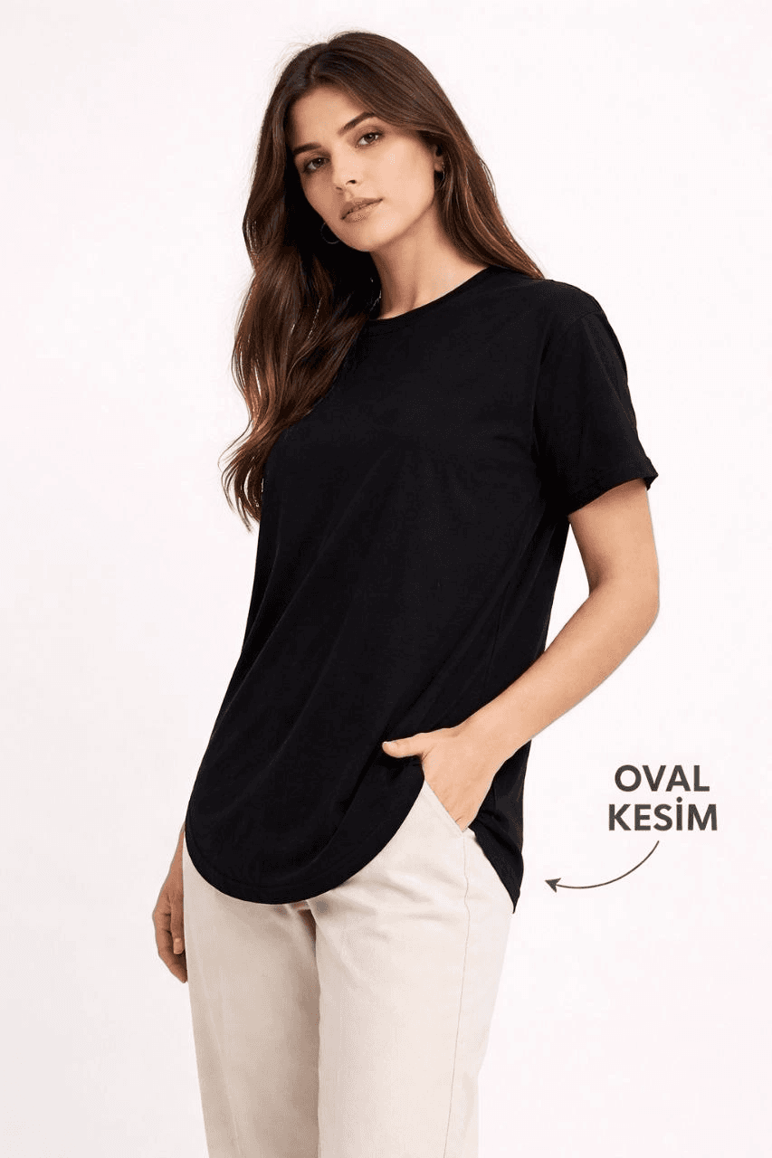 Kadın Basic T-Shirt Kısa Kol Bisiklet Yaka Oval Kesim Tişört - Siyah — görsel 1 / 3