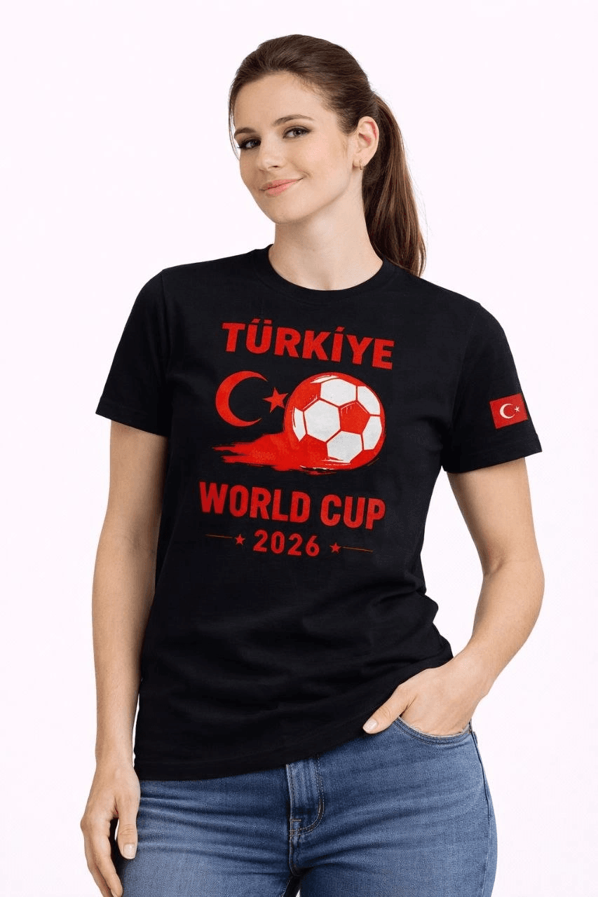 Kadın Türkiye World Cup 2026 Baskılı Tişört Futbol Temalı Forma T-Shirt - Siyah — görsel 1 / 3