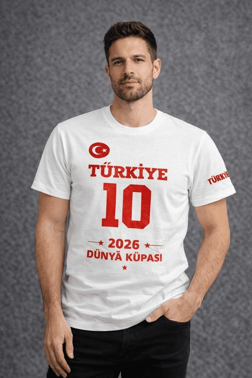 Erkek TÜRKİYE Baskılı Tişört 2026 Dünya Kupası Taraftar Forma T-Shirt - Beyaz — görsel 1 / 3
