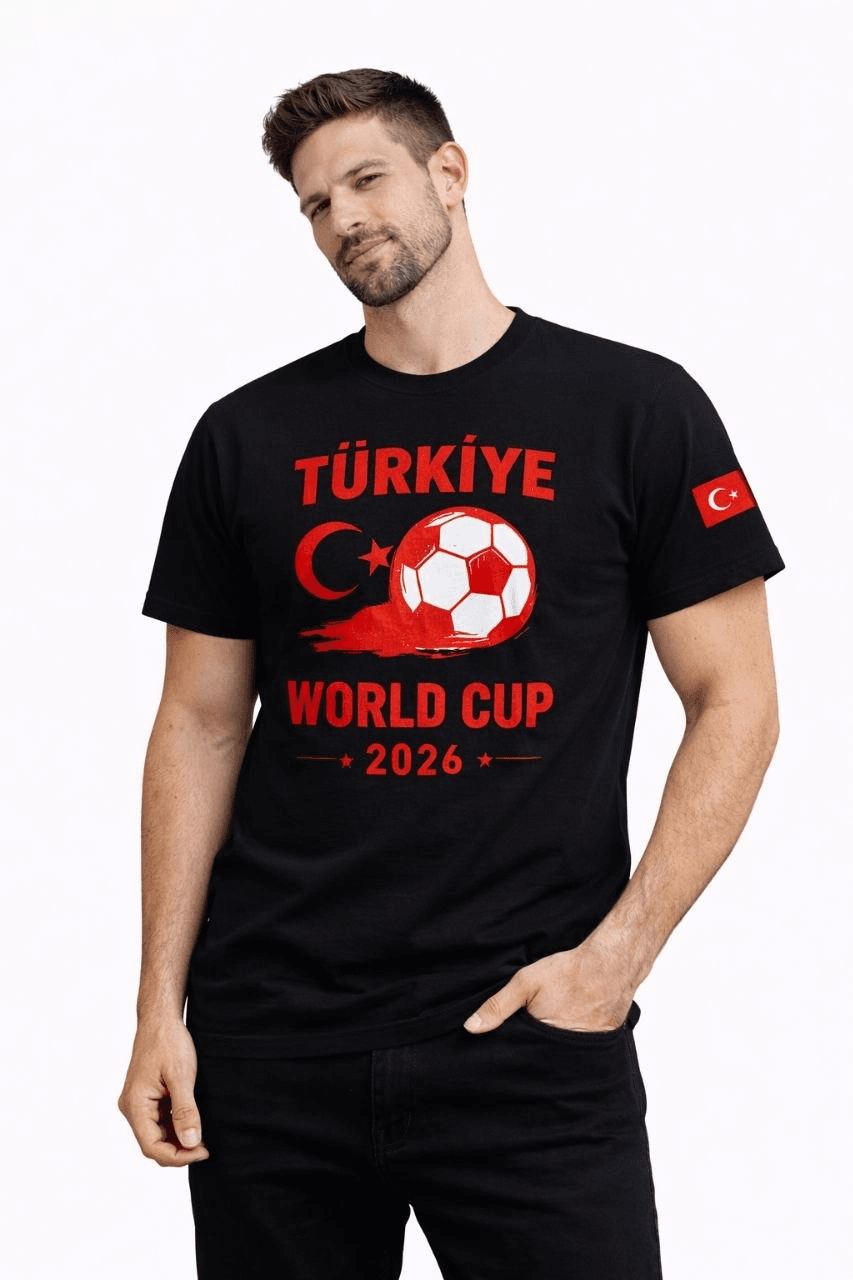 Erkek Türkiye World Cup 2026 Baskılı Tişört Futbol Temalı Forma T-Shirt - Siyah — görsel 1 / 3