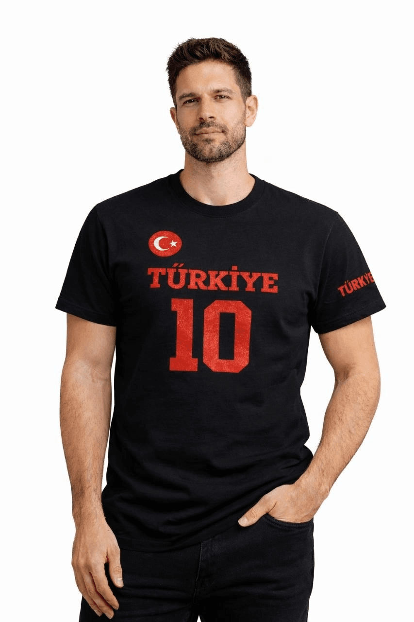 Erkek TÜRKİYE Ay Yıldız Baskılı 10 Numara Forma Tişört Taraftar T-Shirt - Siyah — görsel 1 / 3