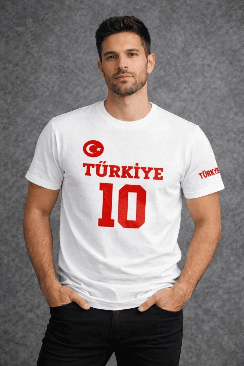 Erkek TÜRKİYE Ay Yıldız Baskılı 10 Numara Forma Tişört Taraftar T-Shirt - Beyaz — görsel 1 / 3