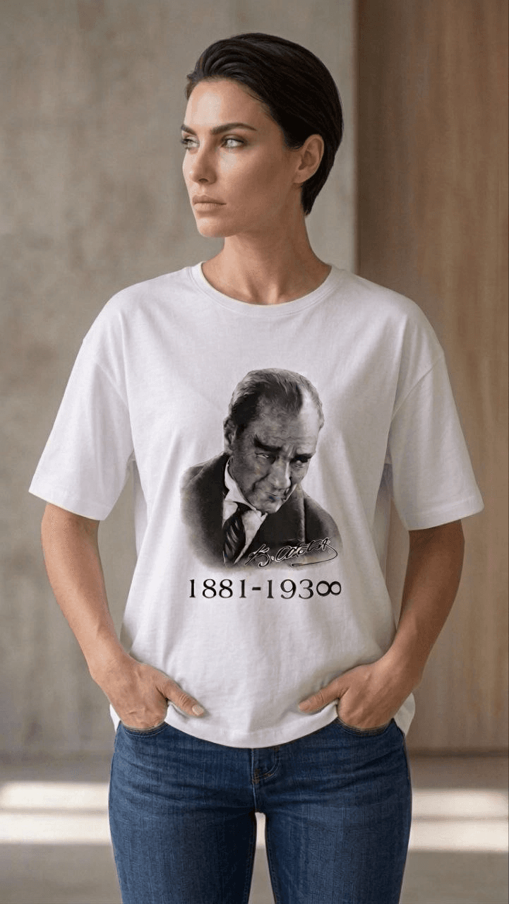 Kadın Atatürk Baskılı Tişört Kısa Kollu Bisiklet Yaka T-Shirt - Beyaz — görsel 1 / 3