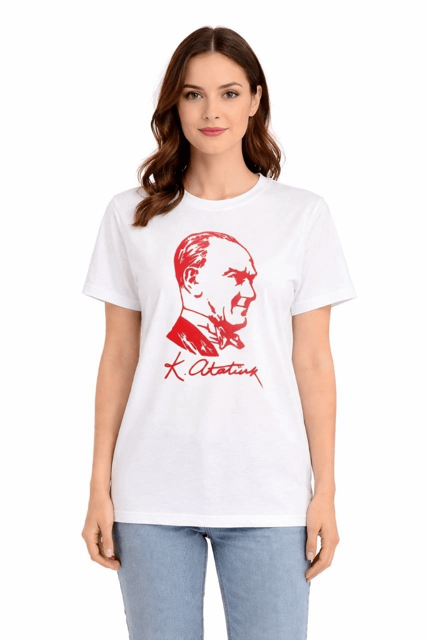 Kadın Atatürk Baskılı Tişört Kısa Kollu Bisiklet Yaka T-Shirt - Beyaz — görsel 1 / 3