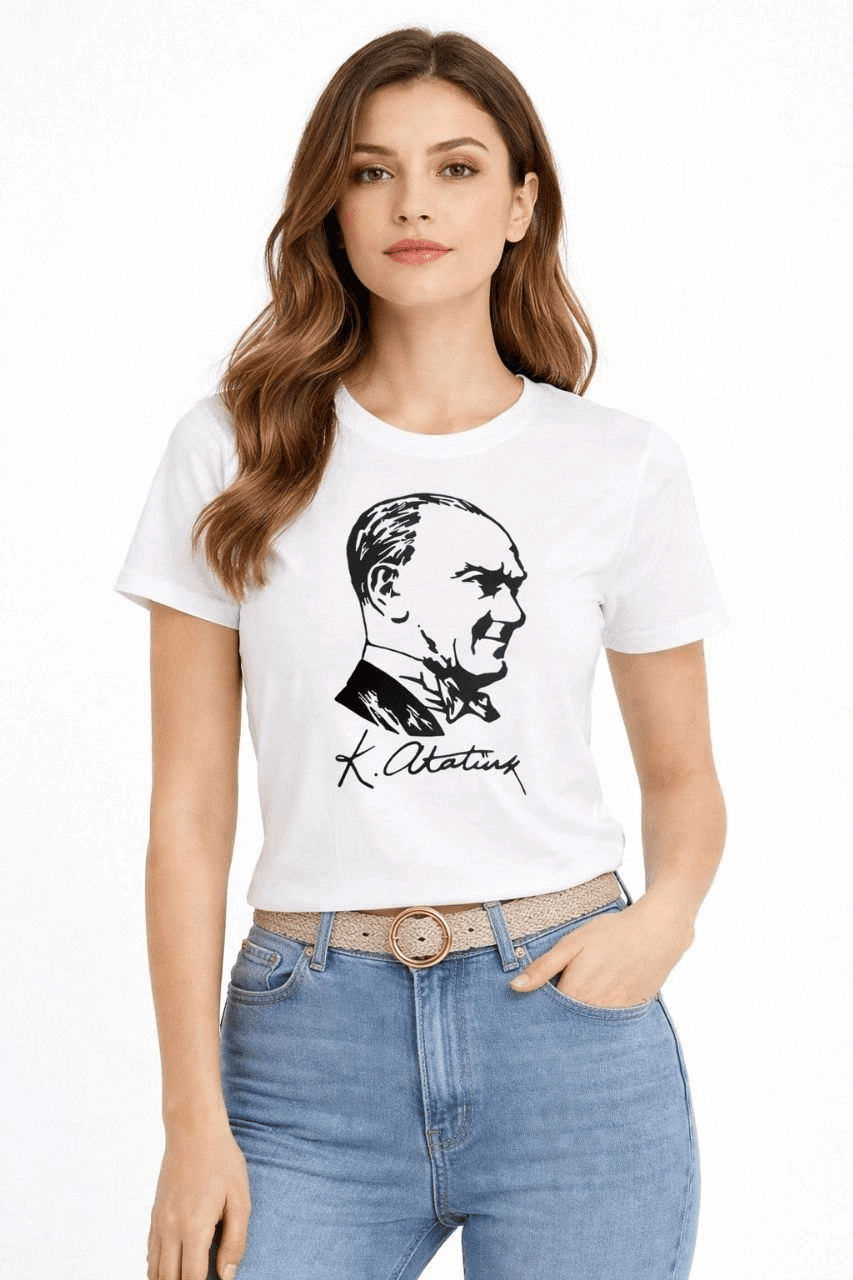 Kadın Atatürk Baskılı Tişört Kısa Kollu Bisiklet Yaka T-Shirt - Beyaz — görsel 1 / 3
