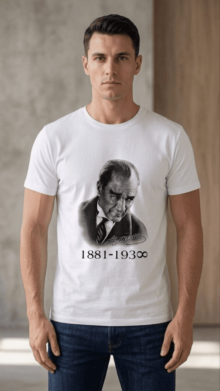 Erkek Atatürk Baskılı Tişört Kısa Kollu Bisiklet Yaka T-Shirt - Beyaz — görsel 1 / 3