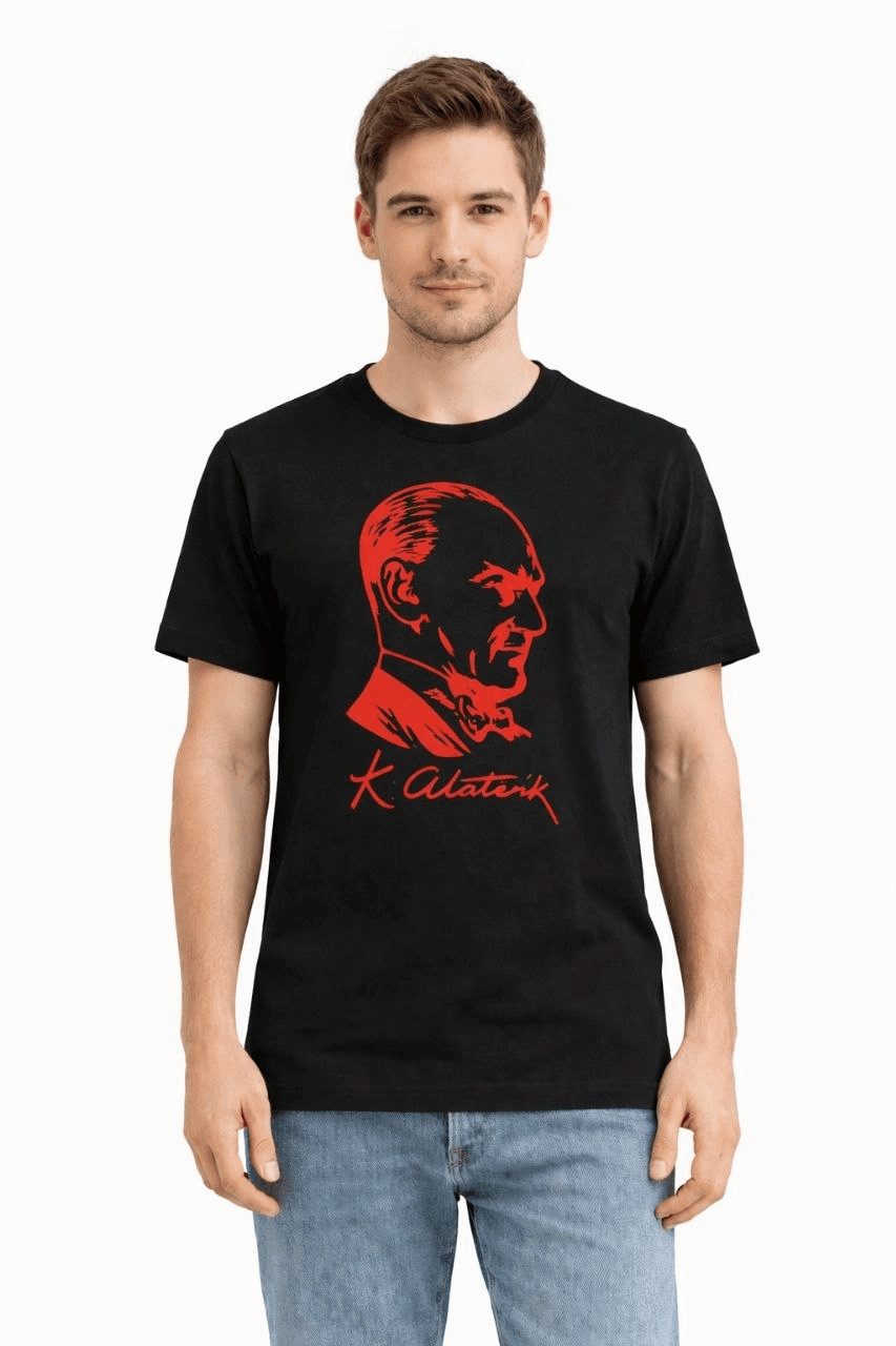 Erkek Atatürk Baskılı Tişört Kısa Kollu Bisiklet Yaka T-Shirt - Siyah — görsel 1 / 3