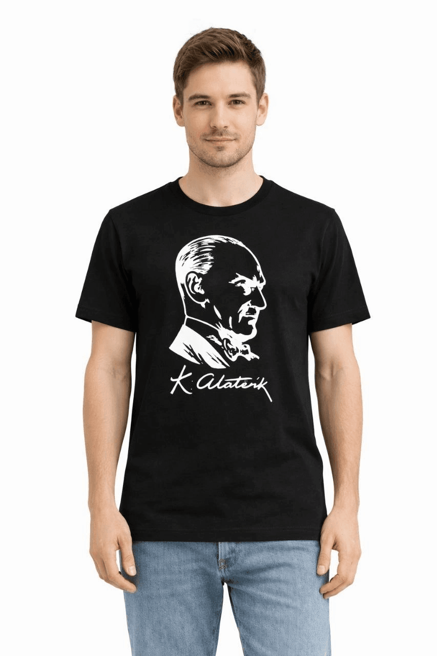 Erkek Atatürk Baskılı Tişört Kısa Kollu Bisiklet Yaka T-Shirt - Siyah — görsel 1 / 3