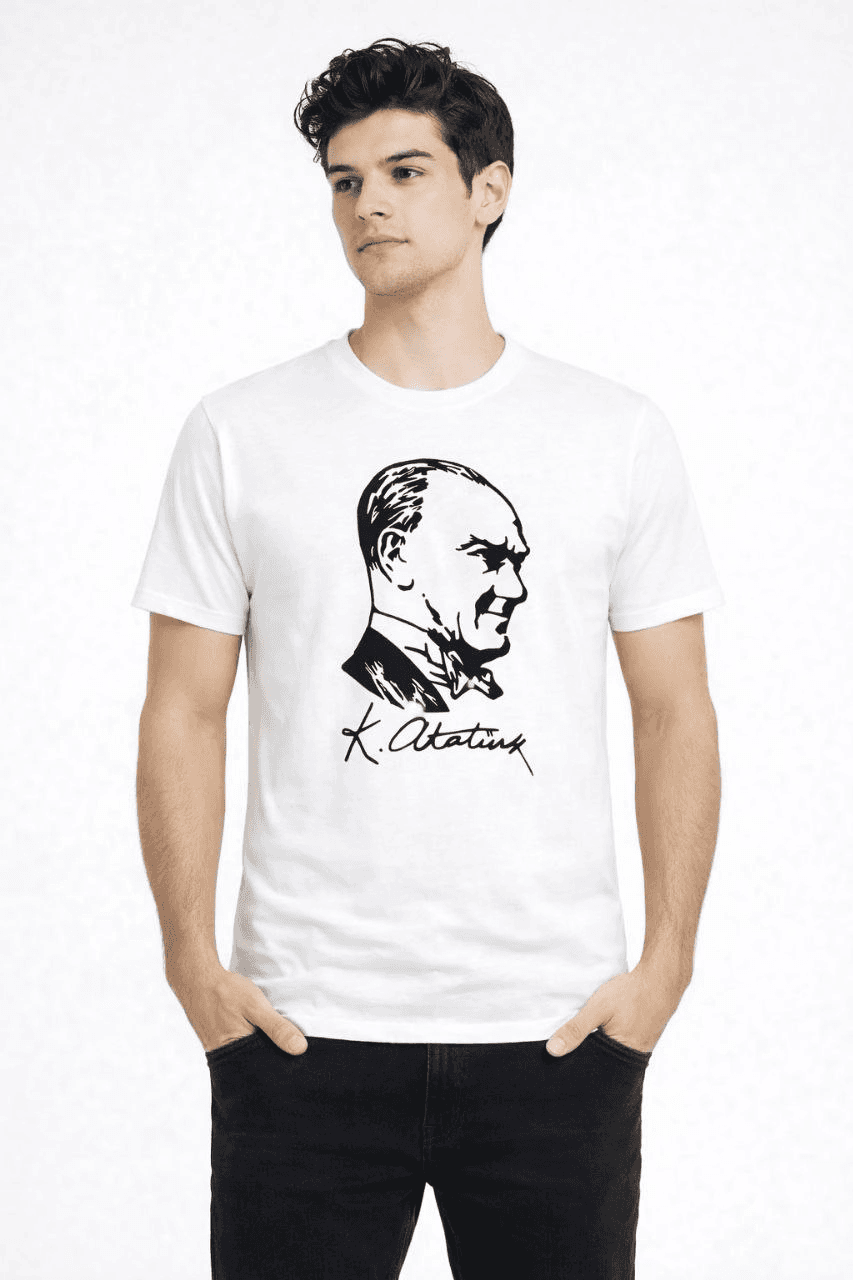 Erkek Atatürk Baskılı Tişört Kısa Kollu Bisiklet Yaka T-Shirt - Beyaz — görsel 1 / 3