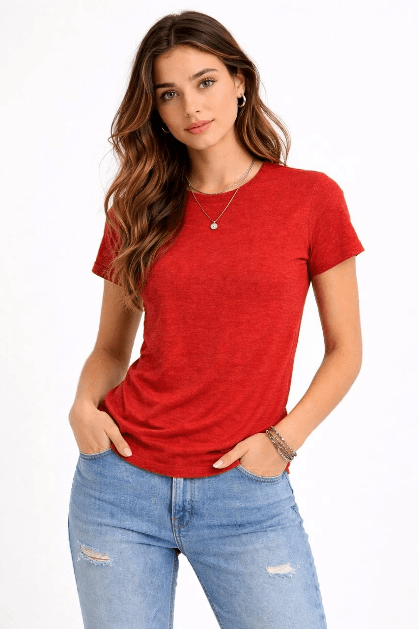 Kadın Flam Kumaş Melanj Dokulu Regular Fit Tişört Bisiklet Yaka Yazlık T-Shirt - Kiremit — görsel 1 / 3