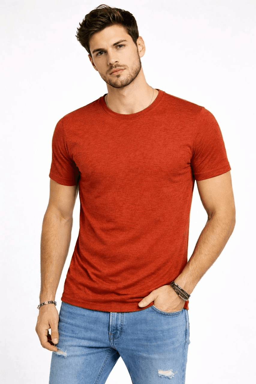 Erkek Flam Kumaş Melanj Dokulu Regular Fit Tişört Bisiklet Yaka Yazlık T-Shirt - Kiremit — görsel 1 / 3