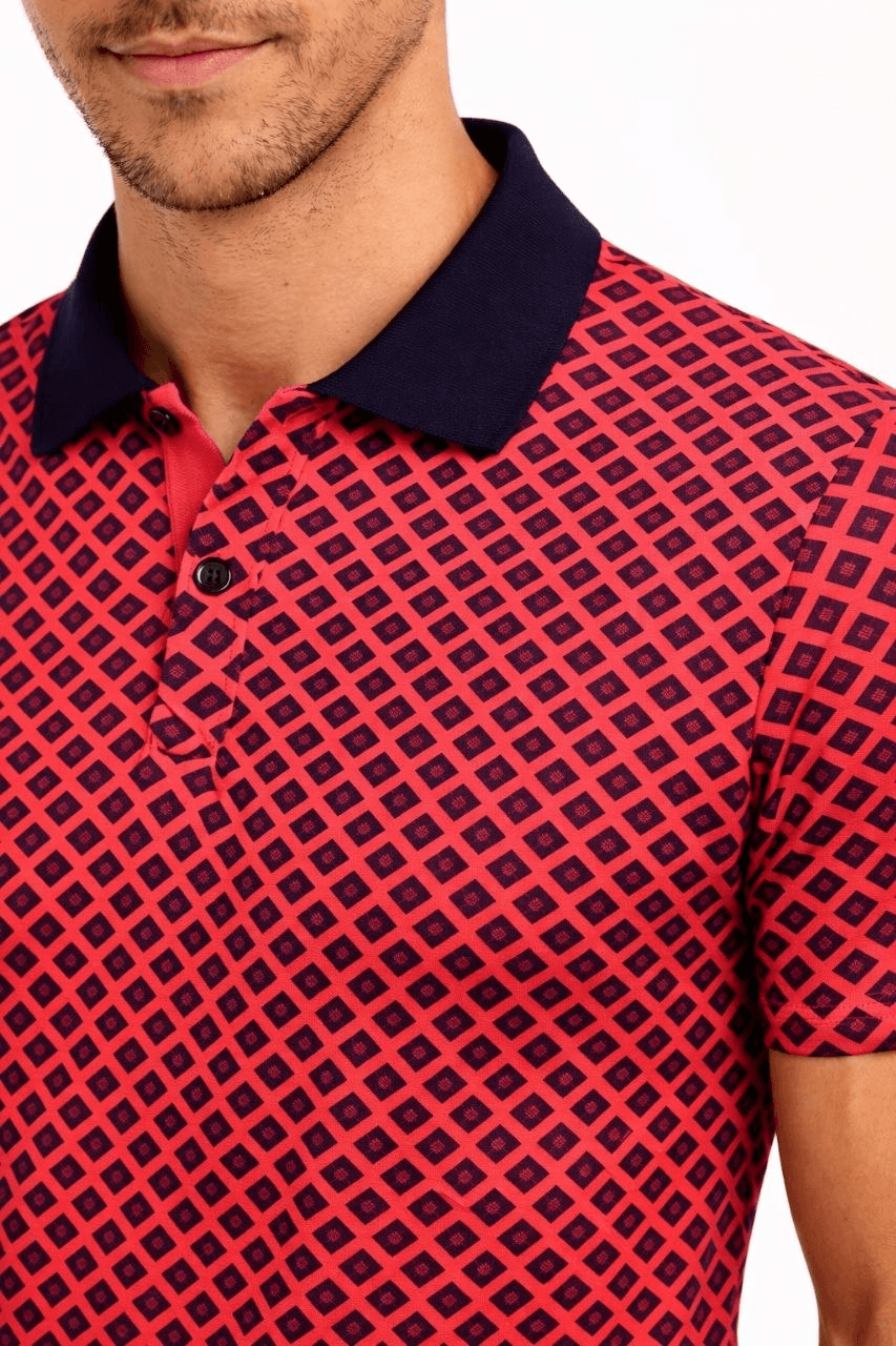 Erkek Pike Kumaş Polo Yaka Desenli Tişört Kısa Kol Yazlık T-Shirt - Kırmızı — görsel 1 / 4