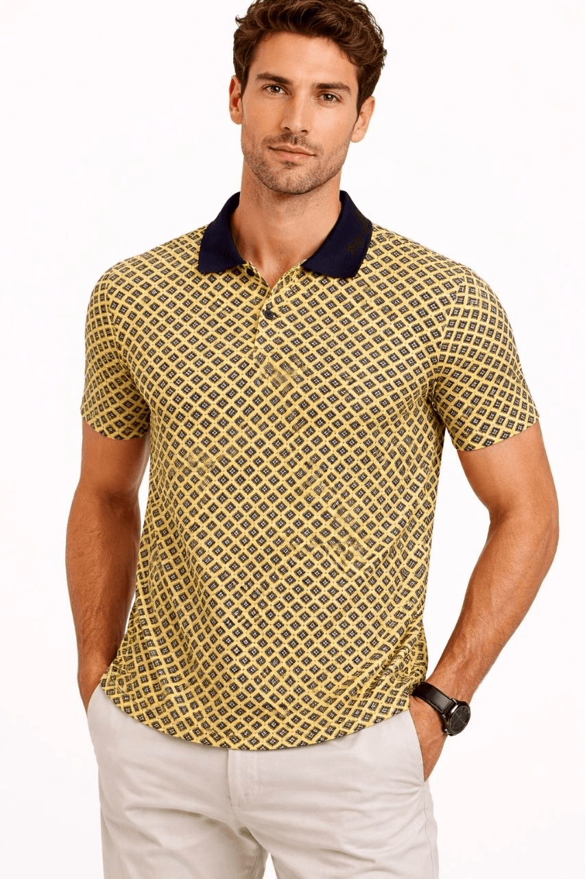 Erkek Pike Kumaş Polo Yaka Desenli Tişört Kısa Kol Yazlık T-Shirt - Sarı — görsel 1 / 3