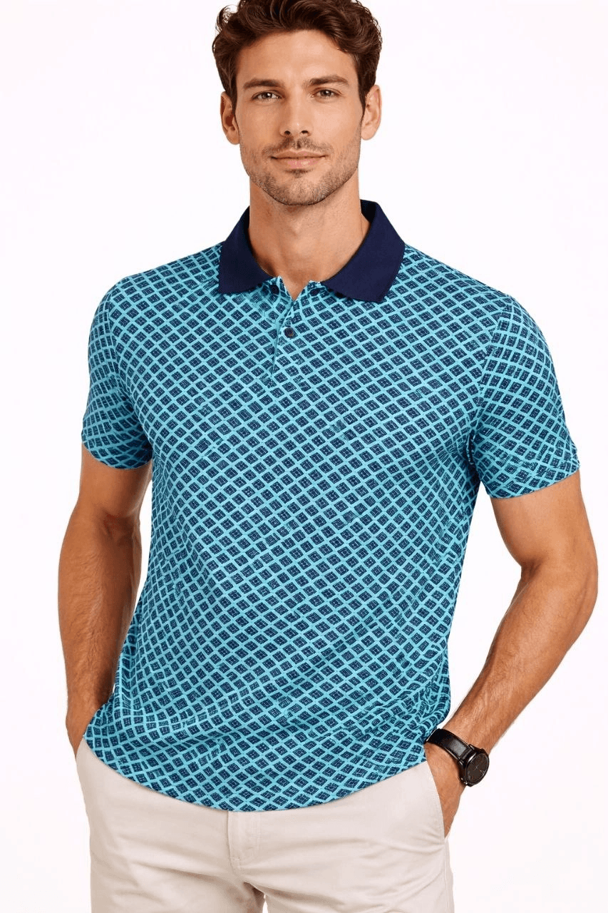 Erkek Pike Kumaş Polo Yaka Desenli Tişört Kısa Kol Yazlık T-Shirt - Turkuaz — görsel 1 / 3