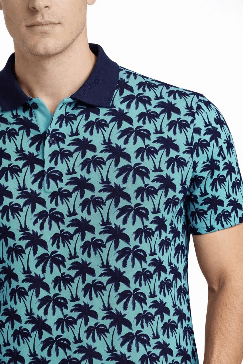 Erkek Pike Kumaş Polo Yaka Palmiye Desenli Tişört Kısa Kol Yazlık T-Shirt - Turkuaz — görsel 1 / 3