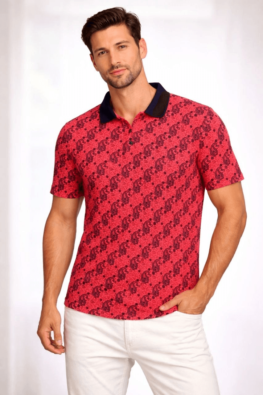 Erkek Pike Kumaş Polo Yaka Palmiye Desenli Tişört Kısa Kol Yazlık T-Shirt - Kırmızı — görsel 1 / 2