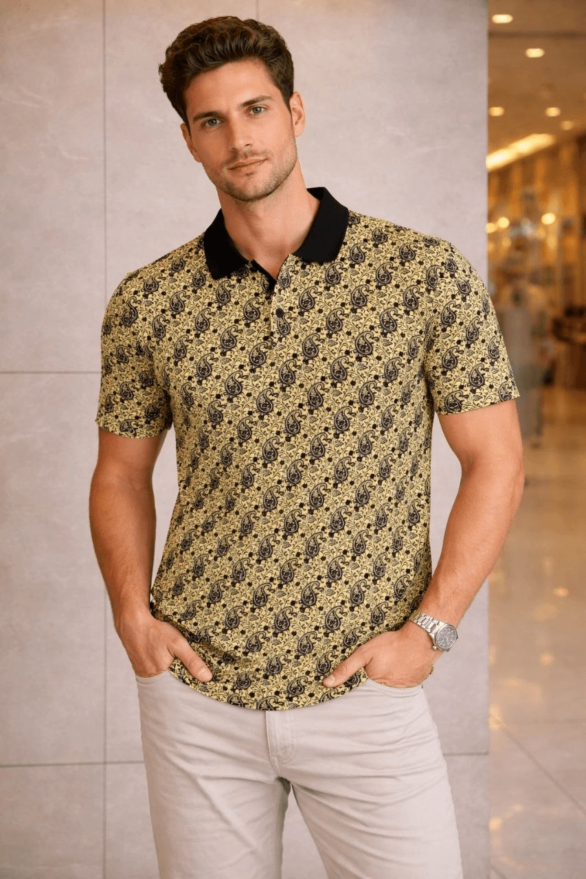 Erkek Pike Kumaş Polo Yaka Palmiye Desenli Tişört Kısa Kol Yazlık T-Shirt - Sarı — görsel 1 / 2
