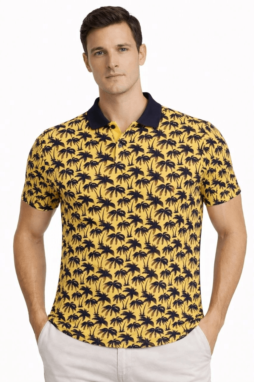 Erkek Pike Kumaş Polo Yaka Palmiye Desenli Tişört Kısa Kol Yazlık T-Shirt - Sarı — görsel 1 / 3