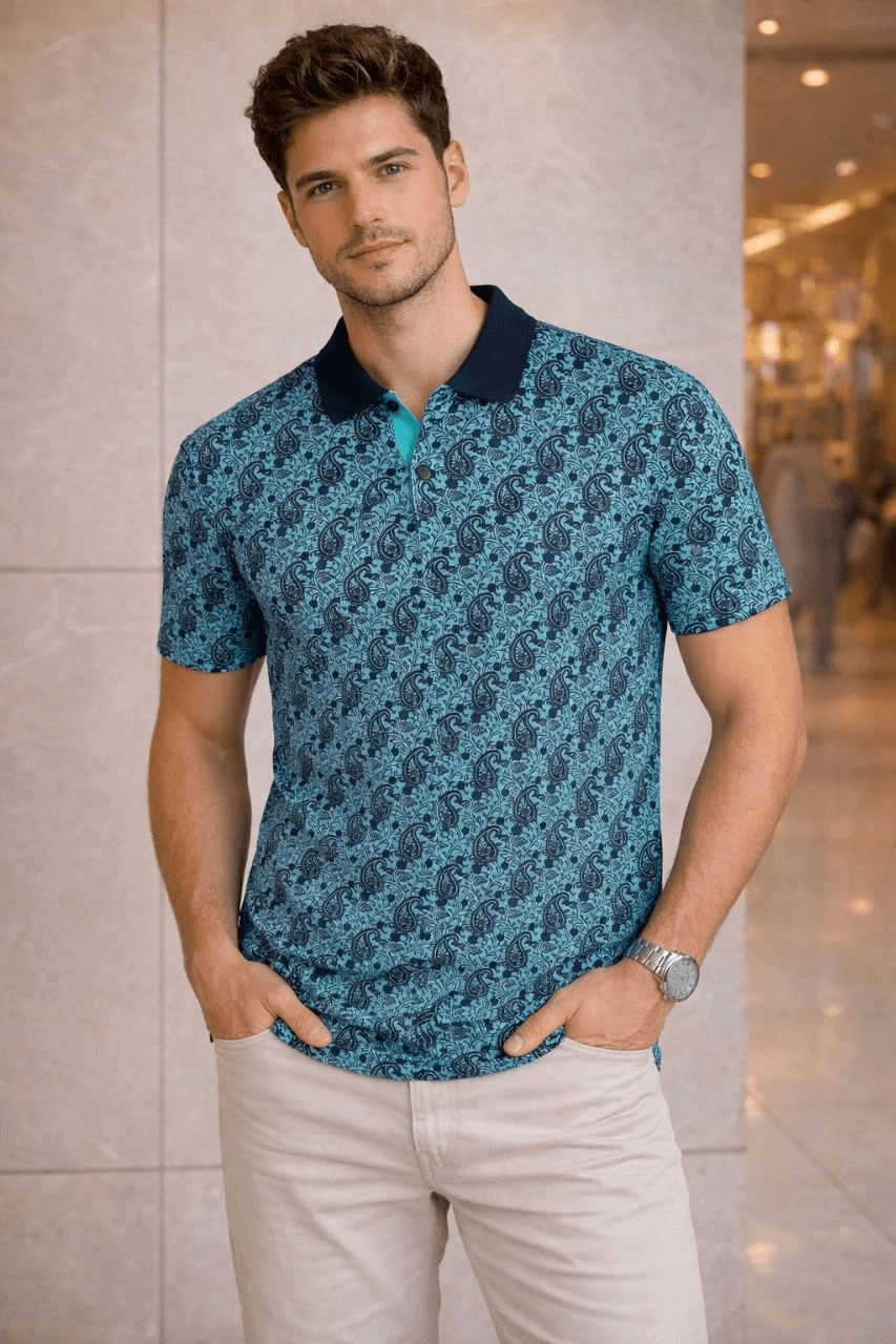 Erkek Pike Kumaş Polo Yaka Palmiye Desenli Tişört Kısa Kol Yazlık T-Shirt - Turkuaz — görsel 1 / 2