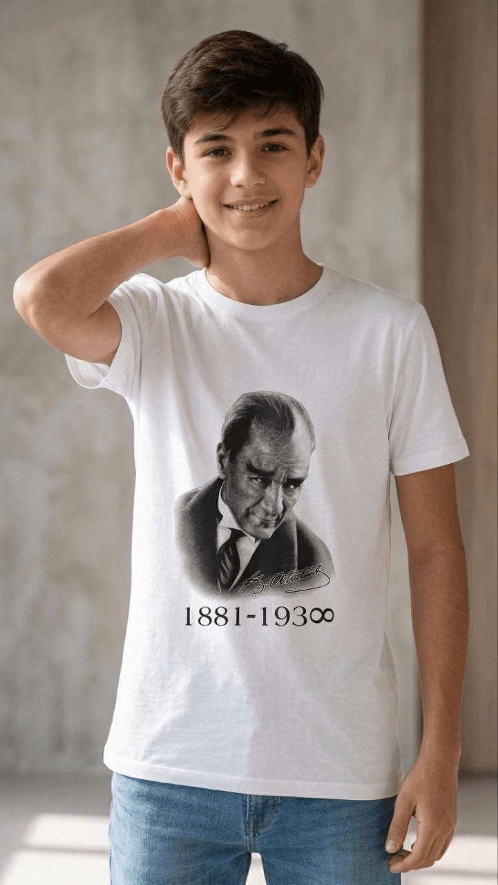 Erkek Çocuk Atatürk Baskılı Tişört Kısa Kollu Bisiklet Yaka T-Shirt - Beyaz — görsel 1 / 3