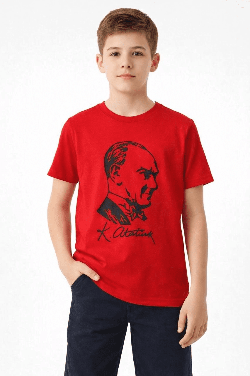 Erkek Çocuk Atatürk Baskılı Tişört Kısa Kollu Bisiklet Yaka T-Shirt - Kırmızı — görsel 1 / 3