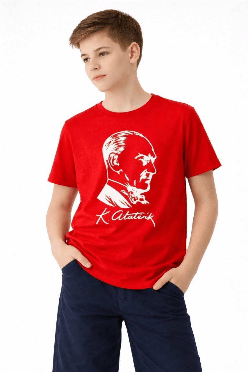 Erkek Çocuk Atatürk Baskılı Tişört Kısa Kollu Bisiklet Yaka T-Shirt - Kırmızı — görsel 1 / 3