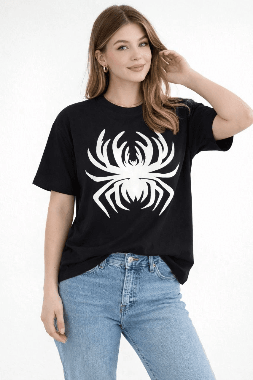 Kadın Örümcek Baskılı Tişört Kısa Kollu Bisiklet Yaka T-Shirt - Siyah