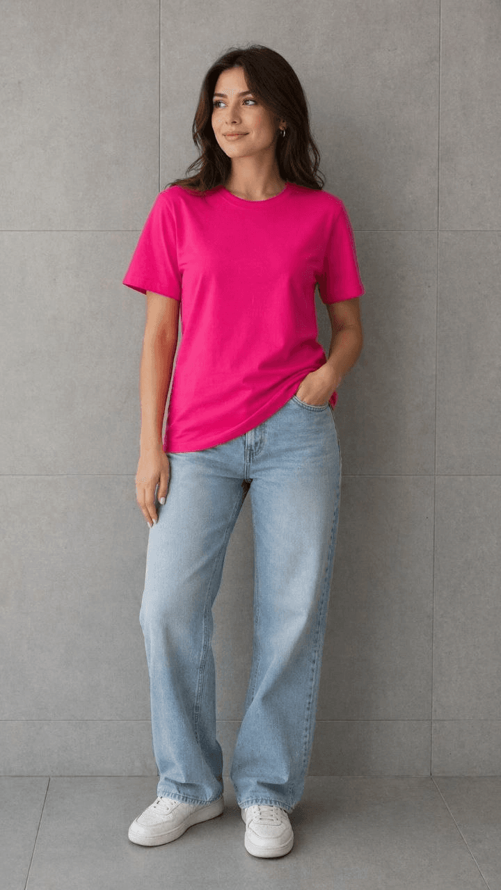 Kadın Basic Pamuklu Tişört Bisiklet Yaka Düz Renk Relaxed Fit T-Shirt - Fuşya — görsel 1 / 4