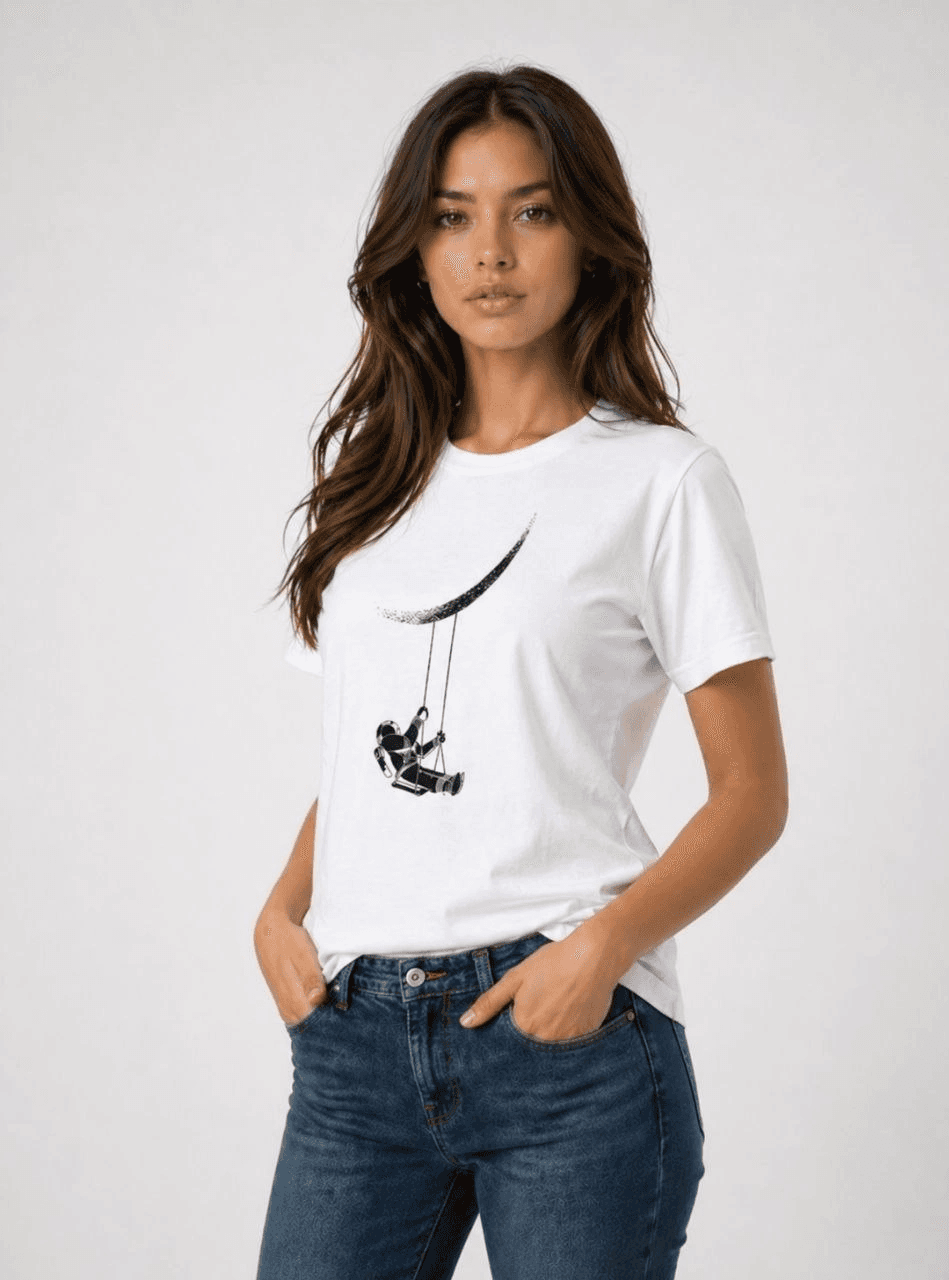 Kadın Astronot Ay Temalı Tişört Kısa Kol Yazlık Bisiklet Yaka T-Shirt - Beyaz — görsel 1 / 3