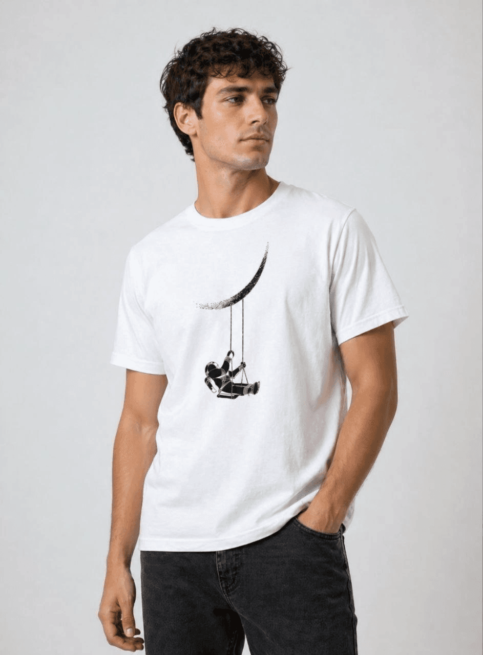 Erkek Astronot Ay Temalı Tişört Kısa Kol Yazlık Bisiklet Yaka T-Shirt - Beyaz