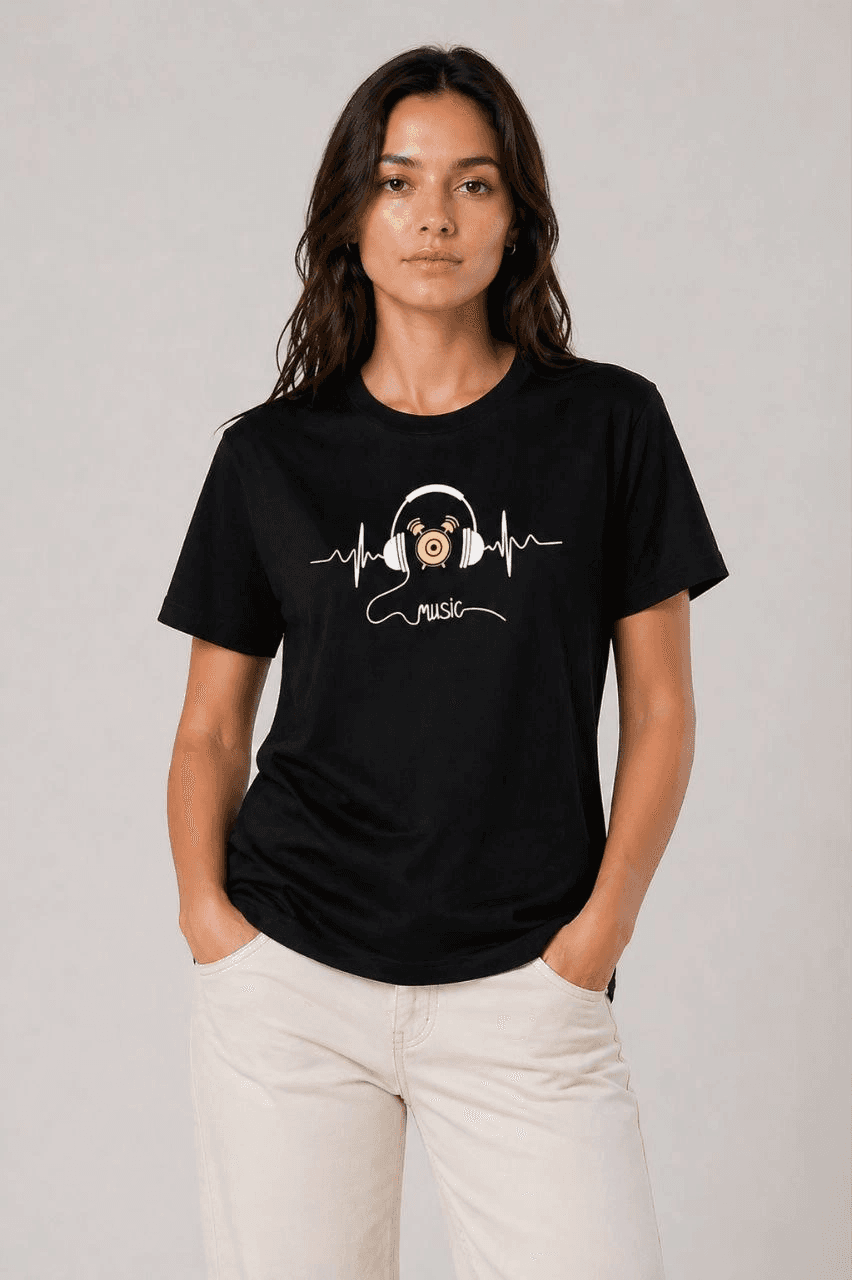 Kadın Müzik Temalı Baskılı Tişört Bisiklet Yaka Kısa Kol T-Shirt - Siyah