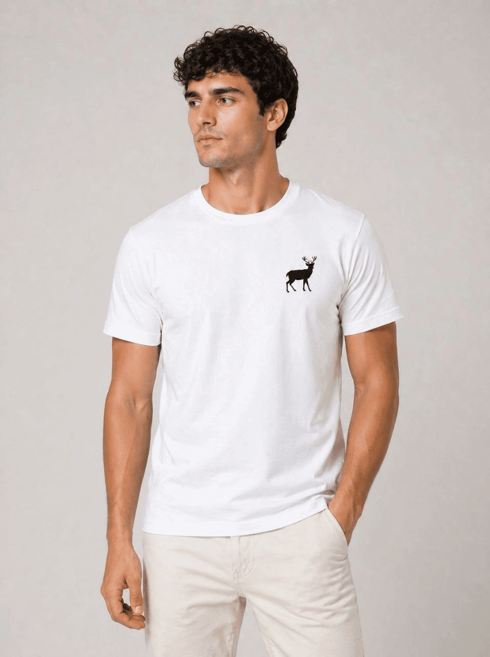 Erkek Minimal Geyik Logolu Tişört Bisiklet Yaka Kısa kol Yazlık T-Shirt - Beyaz — görsel 1 / 3